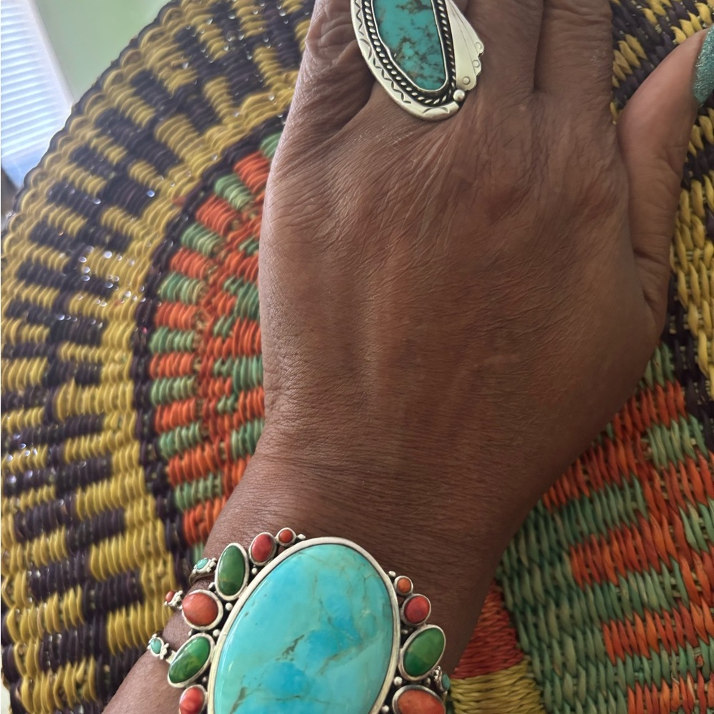 Blue and Orange Statement Cuff Bracelet with Turquoise/wt turquoise ring - Picture 8 of 11